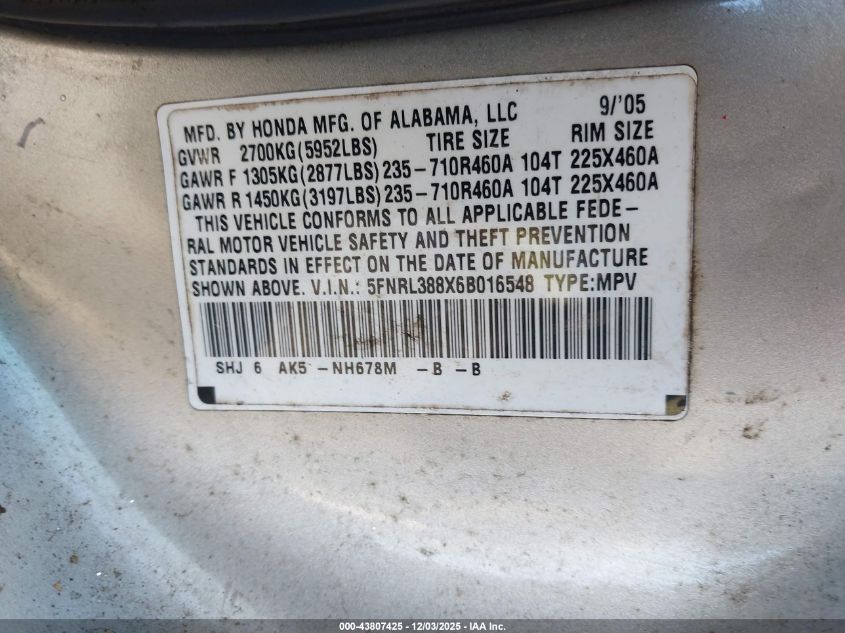 2006 Honda Odyssey Touring VIN: 5FNRL388X6B016548 Lot: 43807425