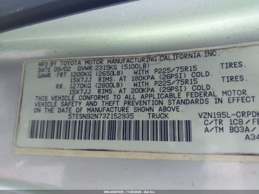 2003 Toyota Tacoma Prerunner V6 VIN: 5TESN92N73Z152935 Lot: 43807439
