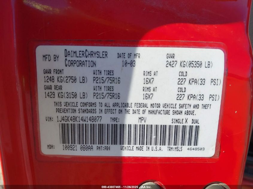 2004 Jeep Liberty Sport VIN: 1J4GK48K14W148077 Lot: 43807465