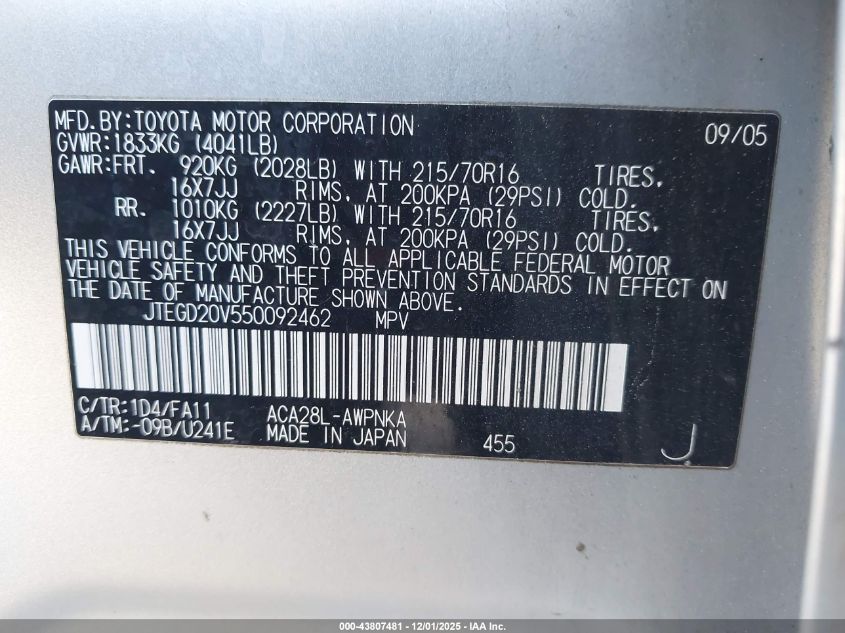 2005 Toyota Rav4 VIN: JTEGD20V550092462 Lot: 43807481