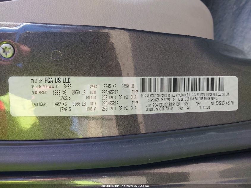 2020 Dodge Grand Caravan Sxt VIN: 2C4RDGCG2LR194134 Lot: 43807491