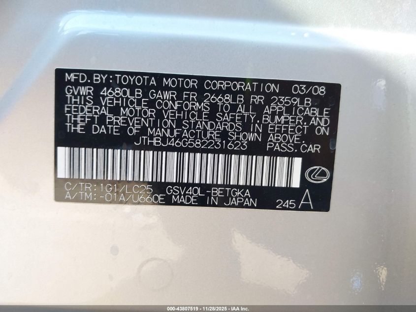 2008 Lexus Es 350 VIN: JTHBJ46G582231623 Lot: 43807519