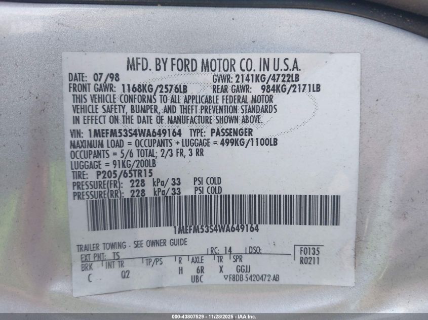 1998 Mercury Sable Ls VIN: 1MEFM53S4WA649164 Lot: 43807529