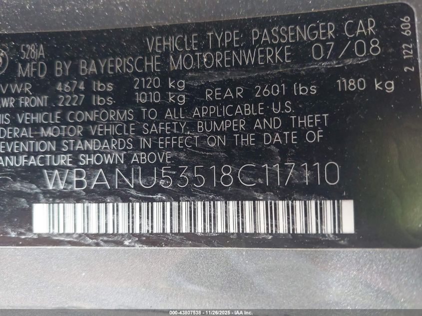 2008 BMW 528I VIN: WBANU53518C117110 Lot: 43807538