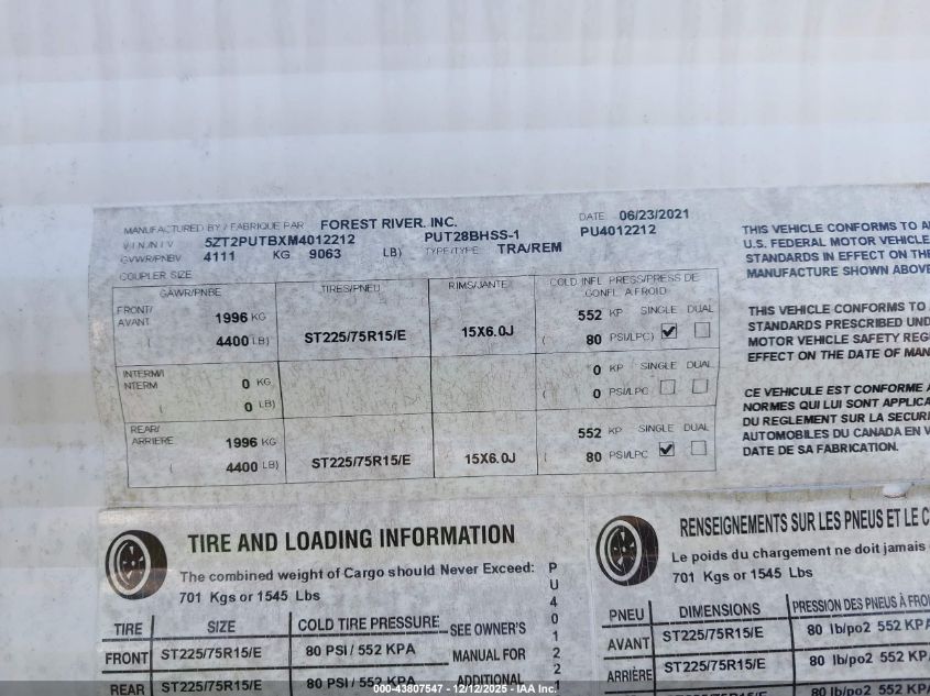 2021 Forest River Palomino Puma VIN: 5ZT2PUTBXM4012212 Lot: 43807547