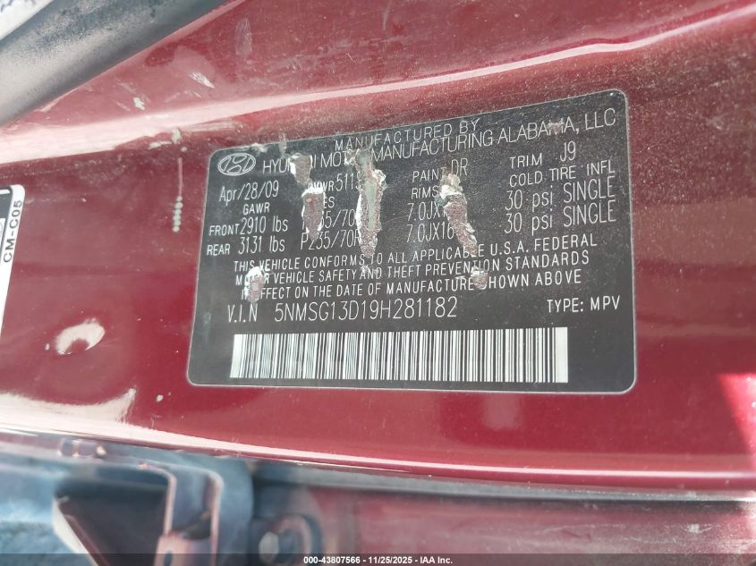 2009 Hyundai Santa Fe Gls VIN: 5NMSG13D19H281182 Lot: 43807566