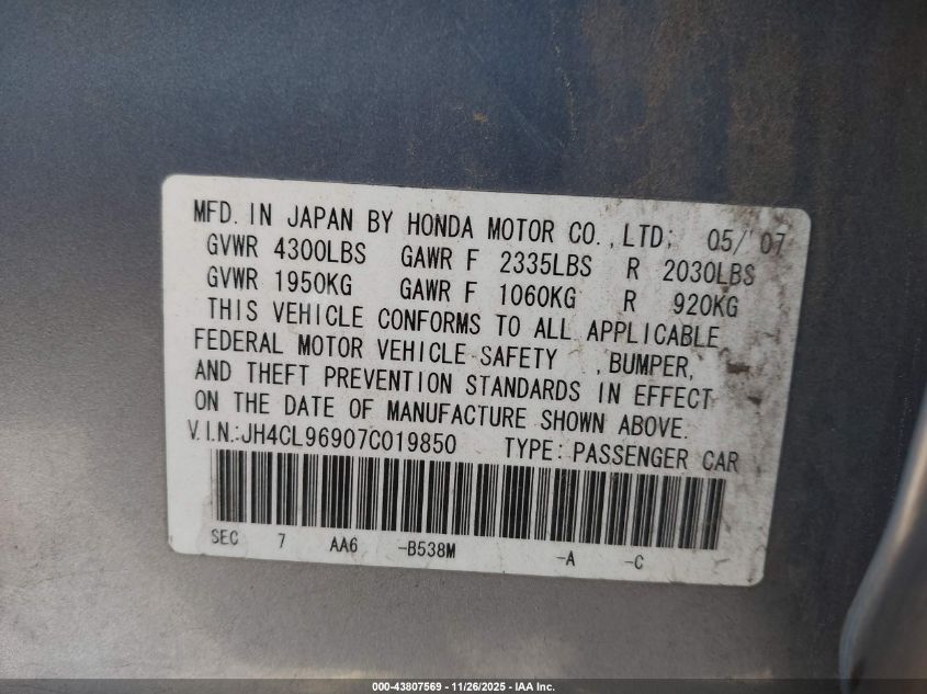 2007 Acura Tsx VIN: JH4CL96907C019850 Lot: 43807569