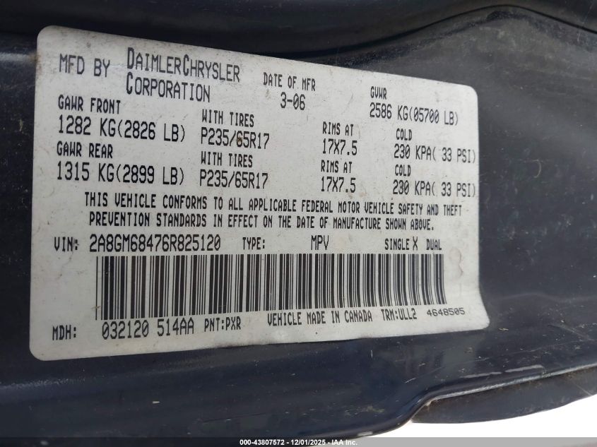 2006 Chrysler Pacifica Touring VIN: 2A8GM68476R825120 Lot: 43807572