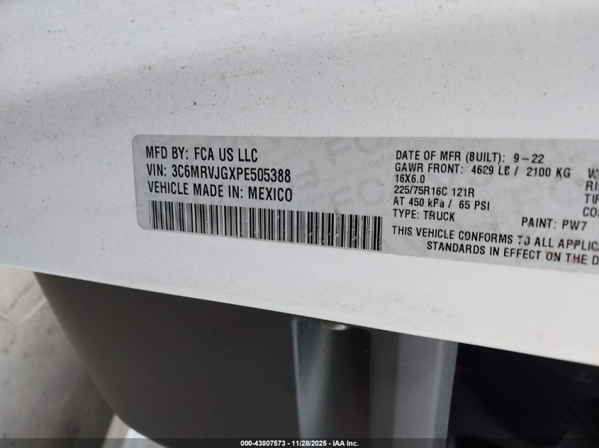 2023 Ram Promaster 3500 Cargo Van High Roof 159 Wb Ext VIN: 3C6MRVJGXPE505388 Lot: 43807573