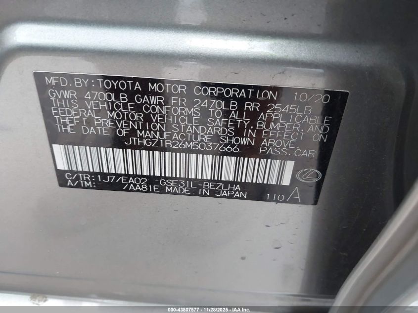 2021 Lexus Is 350 F Sport VIN: JTHGZ1B26M5037666 Lot: 43807577