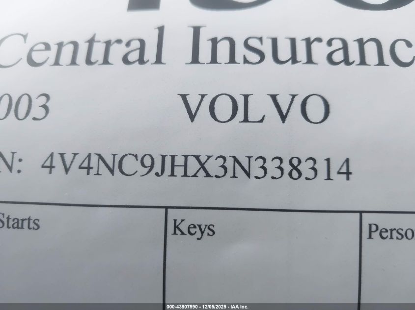 2003 Volvo Vn Vnl VIN: 4V4NC9JHX3N338314 Lot: 43807590