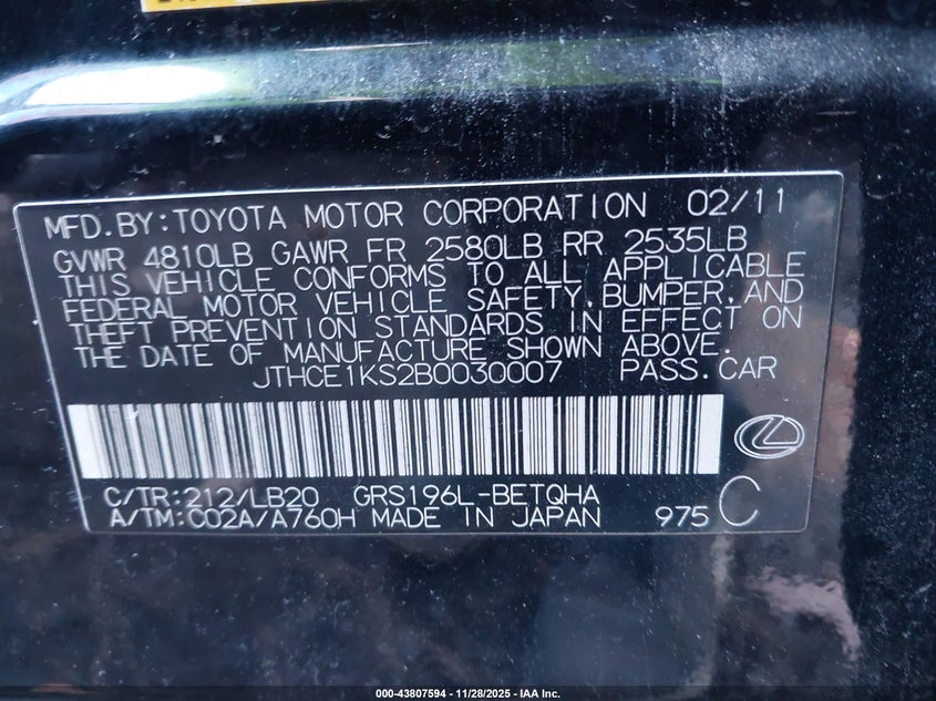 2011 Lexus Gs 350 VIN: JTHCE1KS2B0030007 Lot: 43807594