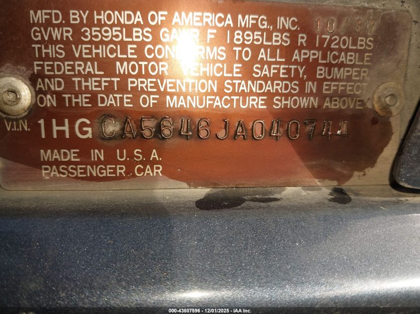 1HGCA5646JA040744 1988 HONDA ACCORD photo no. 9