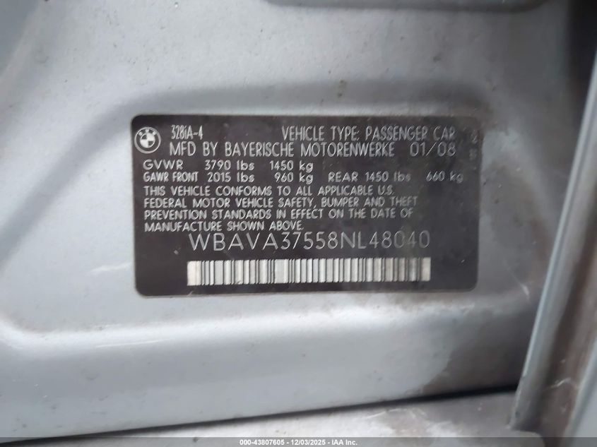 2008 BMW 328I VIN: WBAVA37558NL48040 Lot: 43807605
