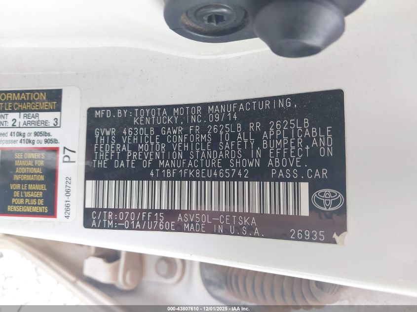 2014 Toyota Camry Se VIN: 4T1BF1FK8EU465742 Lot: 43807610