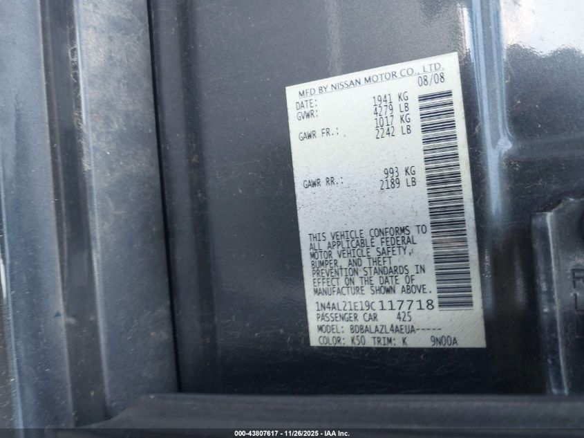 2009 Nissan Altima 2.5 VIN: 1N4AL21E19C117718 Lot: 43807617