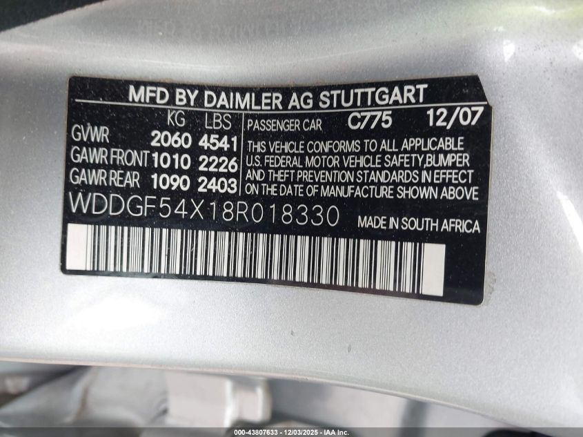 2008 Mercedes-Benz C 300 Luxury/Sport VIN: WDDGF54X18R018330 Lot: 43807633