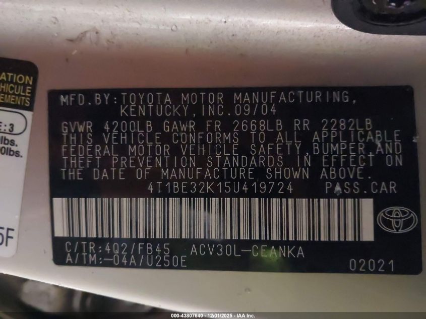 2005 Toyota Camry Le VIN: 4T1BE32K15U419724 Lot: 43807640