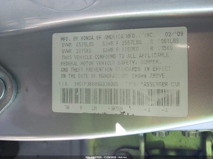 2009 Honda Accord 3.5 Ex-L VIN: 1HGCP36889A036065 Lot: 43807650