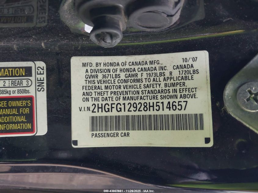 2008 Honda Civic Ex-L VIN: 2HGFG12928H514657 Lot: 43807661