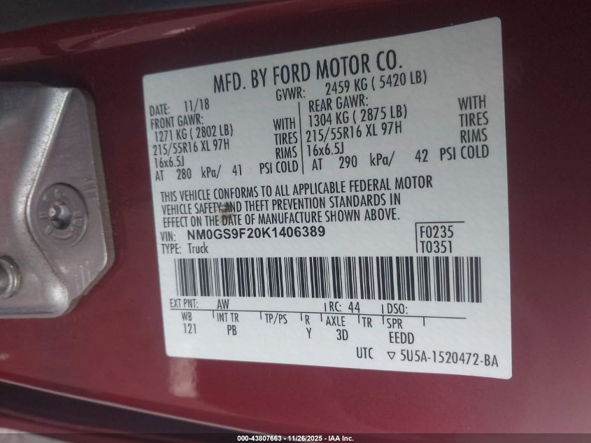 2019 Ford Transit Connect Xlt VIN: NM0GS9F20K1406389 Lot: 43807663