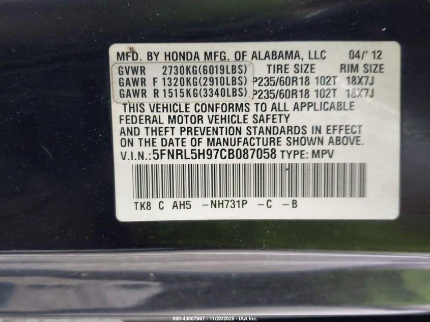2012 Honda Odyssey Touring/Touring Elite VIN: 5FNRL5H97CB087058 Lot: 43807667