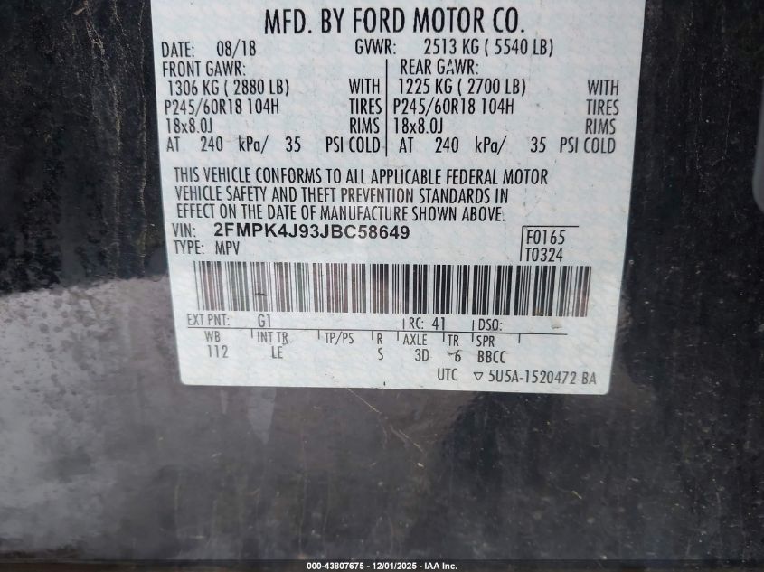 2FMPK4J93JBC58649 2018 FORD EDGE photo no. 9