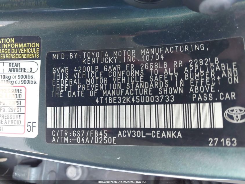 2005 Toyota Camry Le VIN: 4T1BE32K45U003733 Lot: 43807676