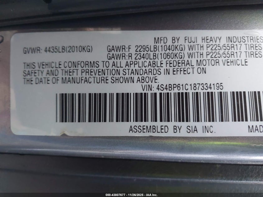 2008 Subaru Outback 2.5I/2.5I L.l. Bean Edition VIN: 4S4BP61C187334195 Lot: 43807677