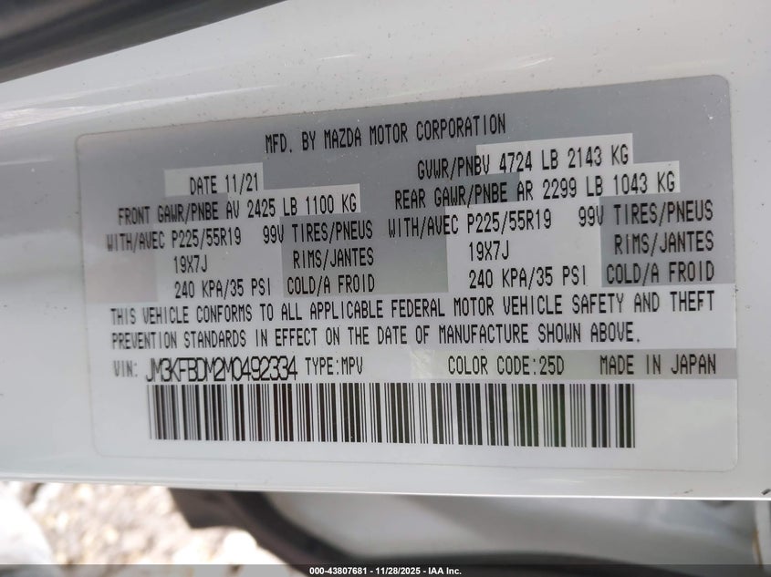 2021 Mazda Cx-5 Grand Touring VIN: JM3KFBDM2M0492334 Lot: 43807681