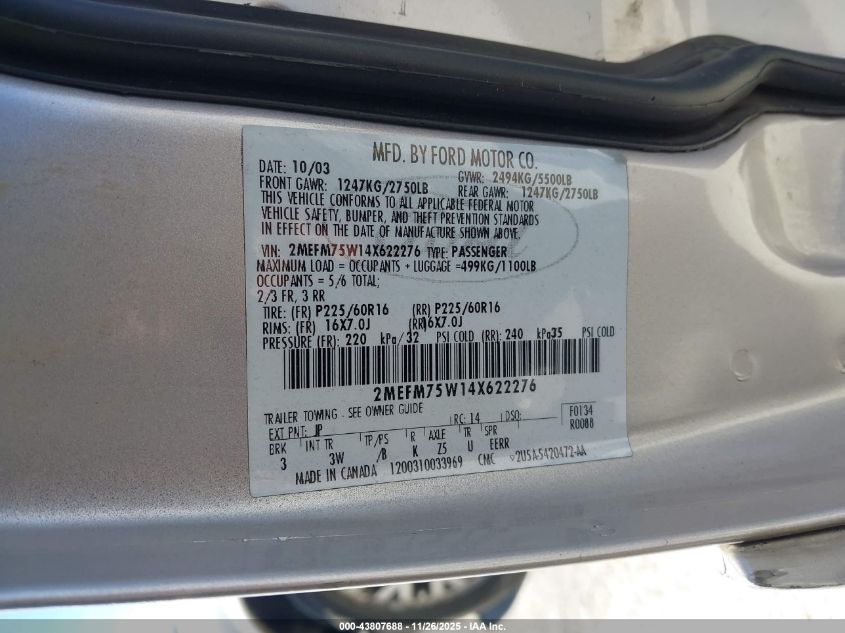 2004 Mercury Grand Marquis Ls VIN: 2MEFM75W14X622276 Lot: 43807688