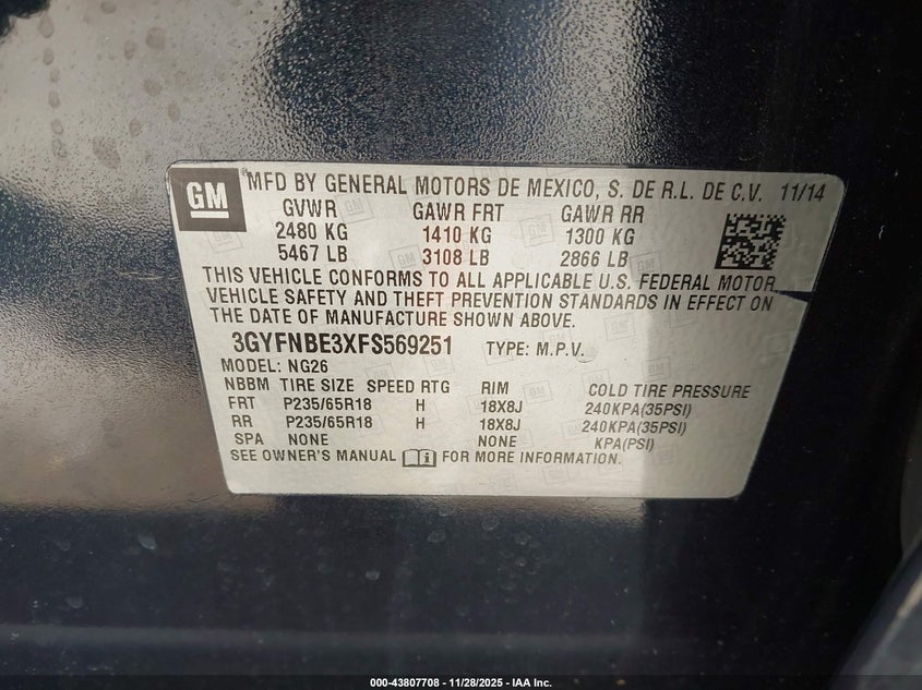 2015 Cadillac Srx Luxury Collection VIN: 3GYFNBE3XFS569251 Lot: 43807708