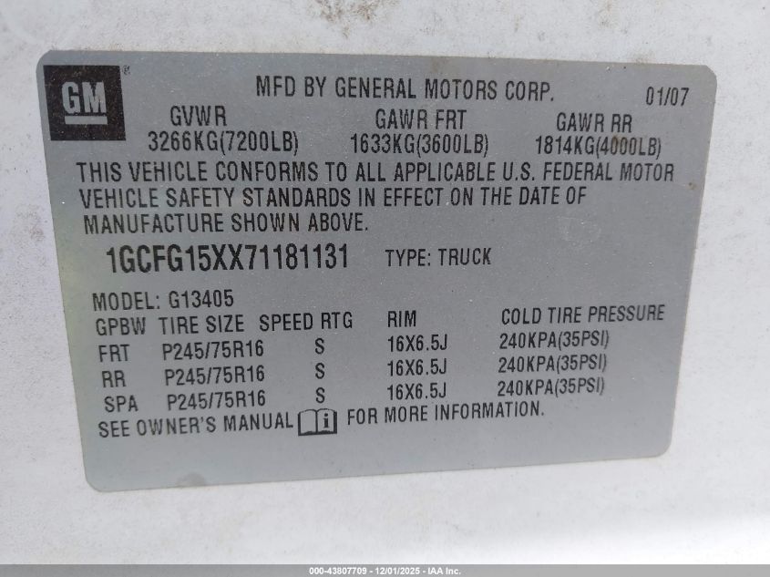 2007 Chevrolet Express Work Van VIN: 1GCFG15XX71181131 Lot: 43807709