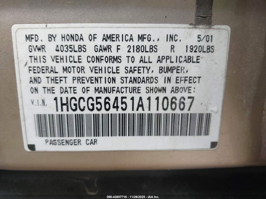 2001 Honda Accord 2.3 Lx VIN: 1HGCG56451A110667 Lot: 43807716