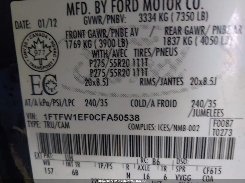 2012 Ford F-150 Fx4 VIN: 1FTFW1EF0CFA50538 Lot: 43807732