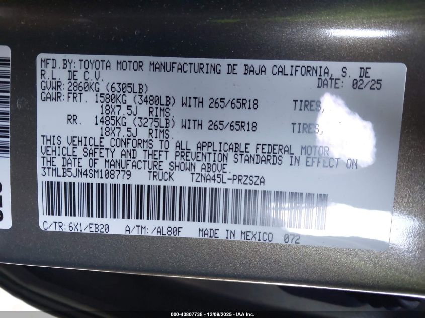 2025 Toyota Tacoma Limited VIN: 3TMLB5JN4SM108779 Lot: 43807738