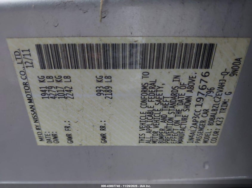 2012 Nissan Altima 2.5 S VIN: 1N4AL2AP3CC197676 Lot: 43807740