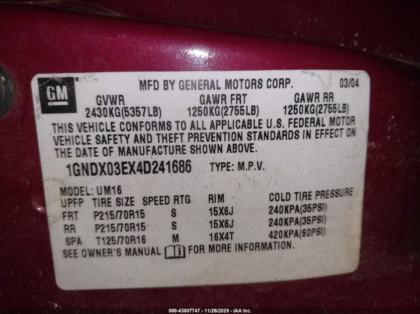 2004 Chevrolet Venture Ls VIN: 1GNDX03EX4D241686 Lot: 43807747