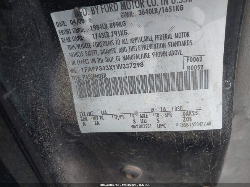 2000 Ford Focus Se VIN: 1FAFP343XYW337298 Lot: 43807750