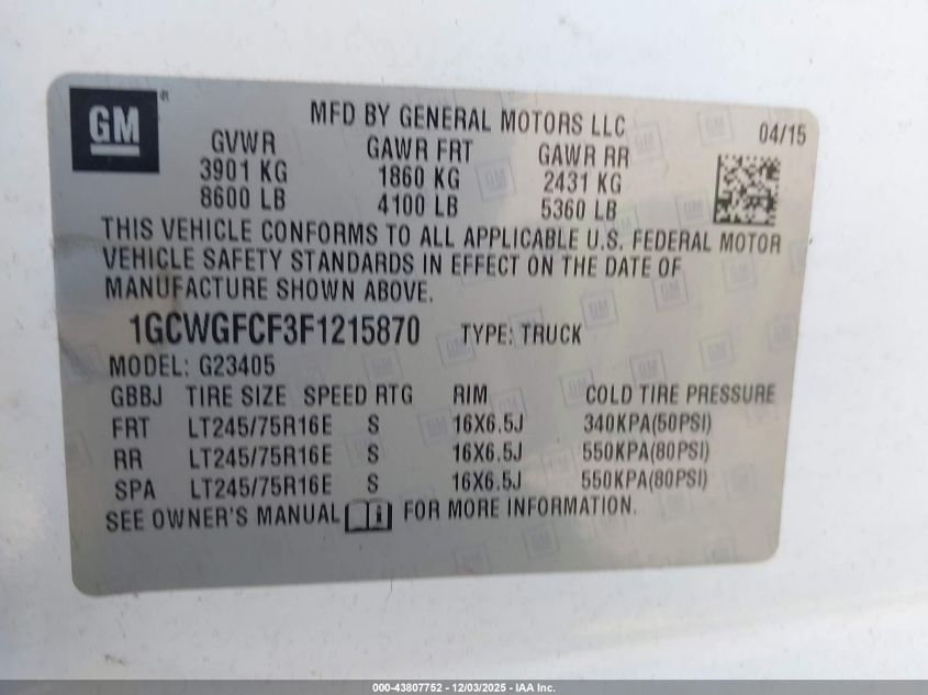 2015 Chevrolet Express 2500 Work Van VIN: 1GCWGFCF3F1215870 Lot: 43807752