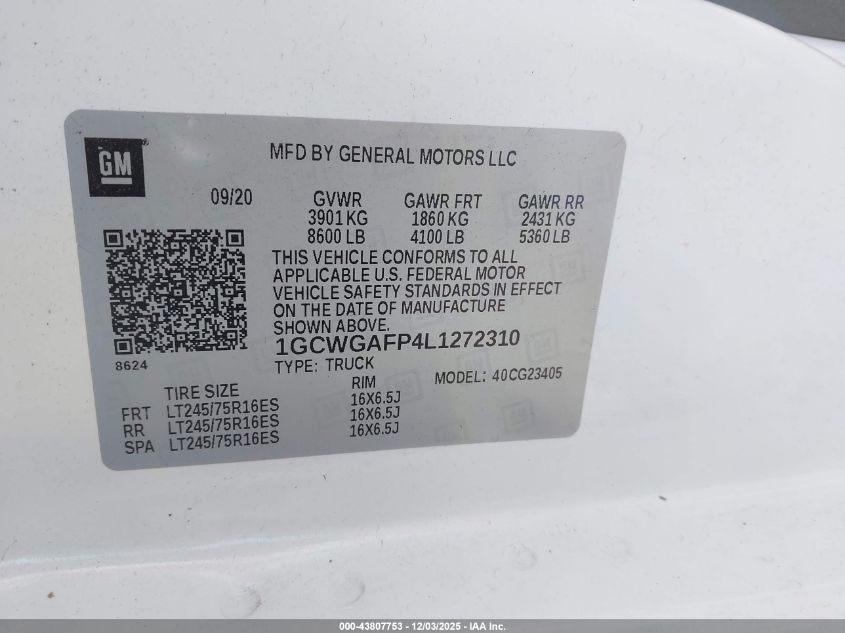 2020 Chevrolet Express Cargo Rwd 2500 Regular Wheelbase Wt VIN: 1GCWGAFP4L1272310 Lot: 43807753