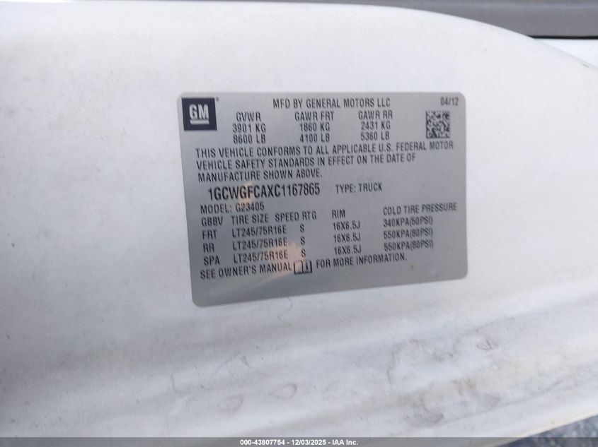 2012 Chevrolet Express 2500 Work Van VIN: 1GCWGFCAXC1167865 Lot: 43807754