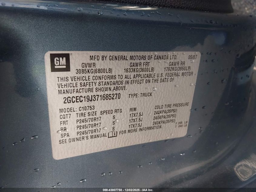 2007 Chevrolet Silverado 1500 Lt2 VIN: 2GCEC19J371685270 Lot: 43807758