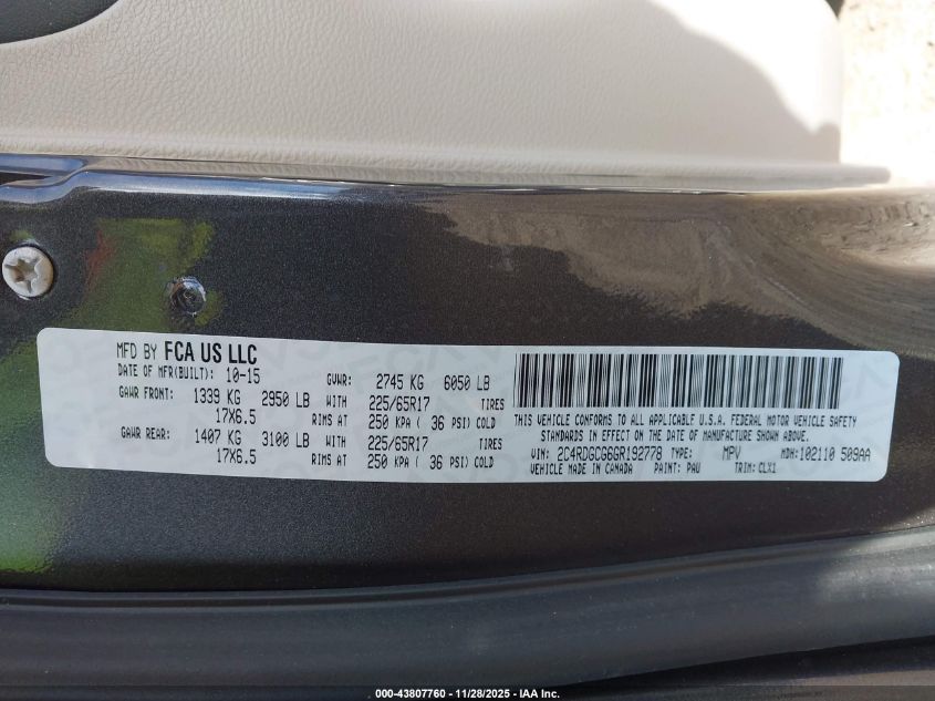 2016 Dodge Grand Caravan Sxt VIN: 2C4RDGCG6GR192778 Lot: 43807760