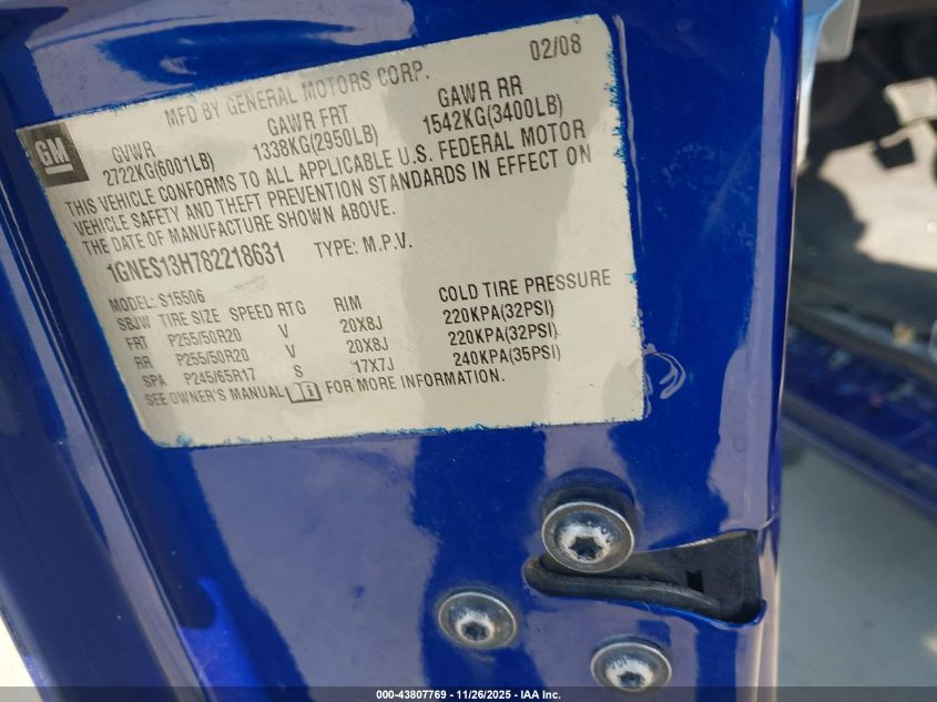 2008 Chevrolet Trailblazer Ss VIN: 1GNES13H782218631 Lot: 43807769