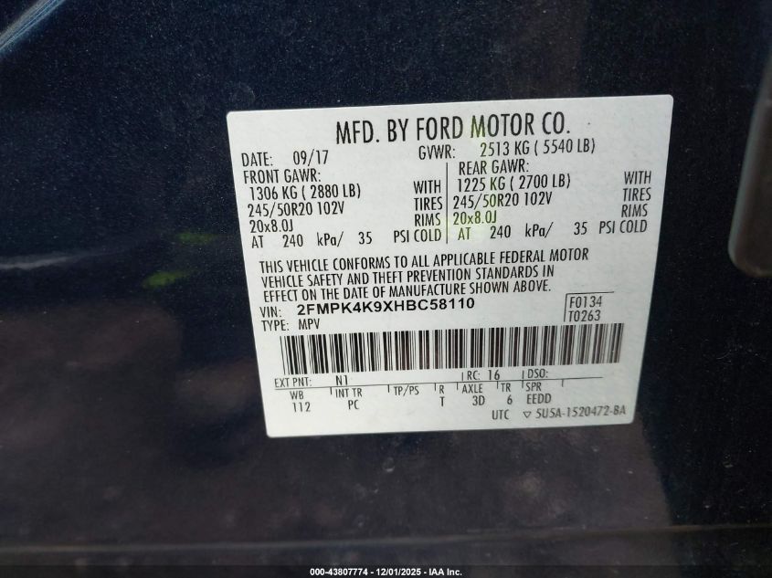 2017 Ford Edge Titanium VIN: 2FMPK4K9XHBC58110 Lot: 43807774