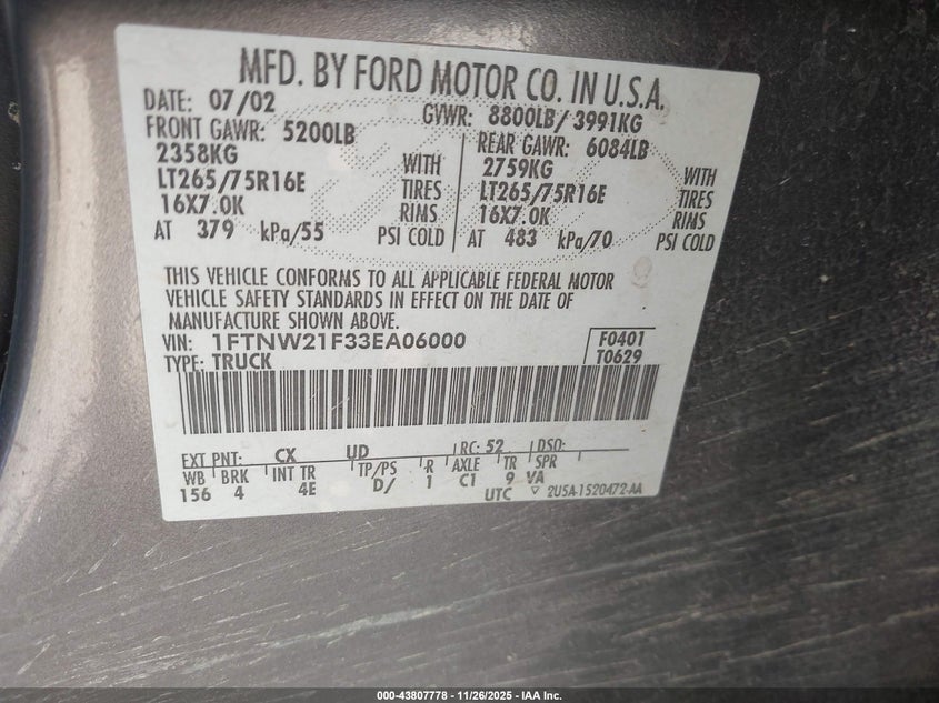 2003 Ford F-250 Lariat/Xl/Xlt VIN: 1FTNW21F33EA06000 Lot: 43807778