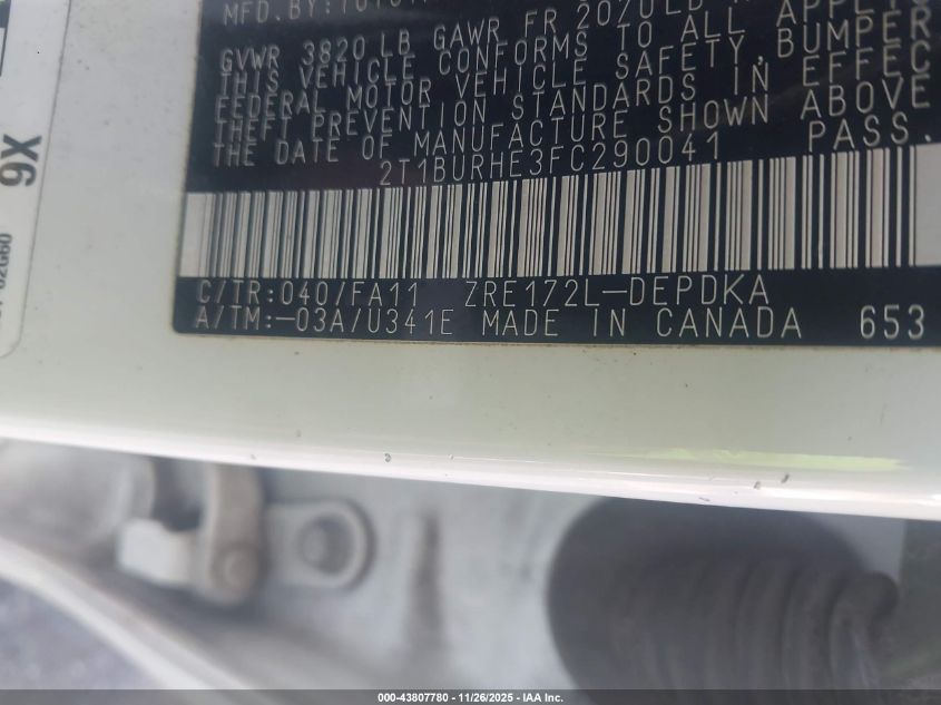 2015 Toyota Corolla L VIN: 2T1BURHE3FC290041 Lot: 43807780