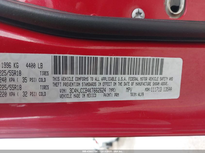 2019 Jeep Compass Limited Fwd VIN: 3C4NJCCB4KT662624 Lot: 43807786