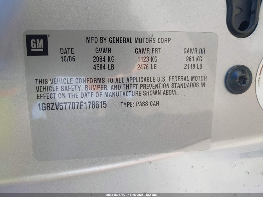 2007 Saturn Aura Xr VIN: 1G8ZV57707F178615 Lot: 43807790